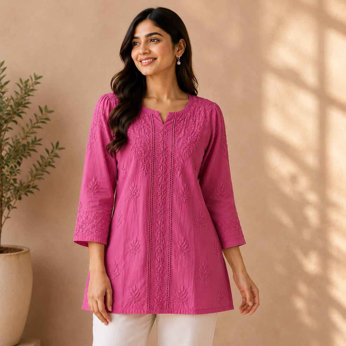 Rich Pink Floral Chikankari Embroidered Kurti for Women