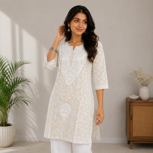 Ivory Bloom Lucknowi Chikankari Cotton Kurti