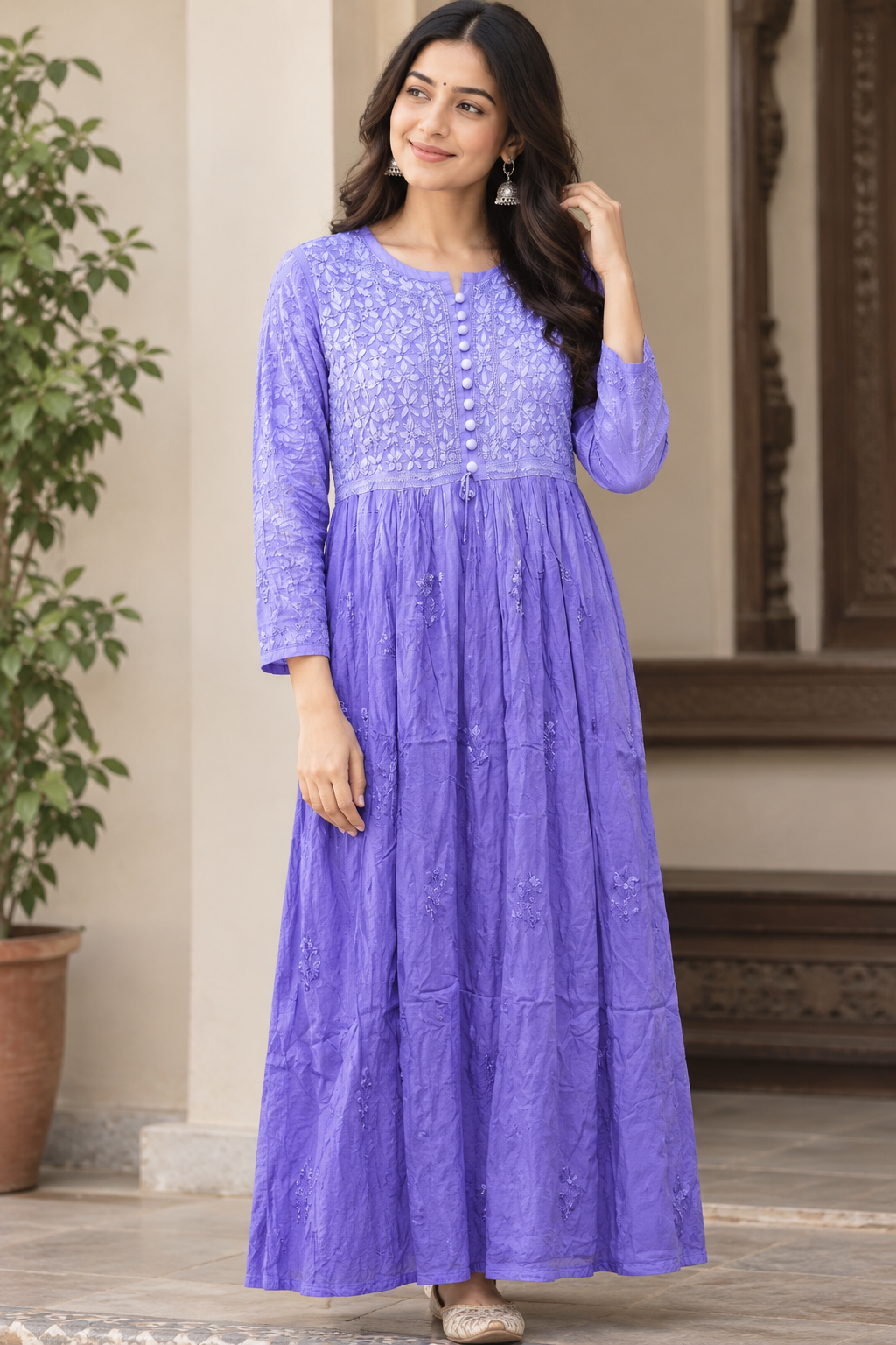 Elegant Lavender Chikankari Anarkali Kurti | Handcrafted Ethnic Wear