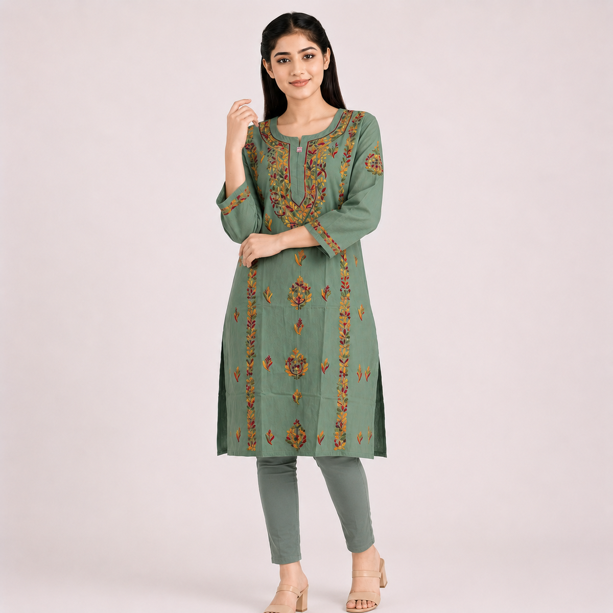 Sage Green Cotton Embroidered Straight Kurti | Multicolor Floral Thread Work