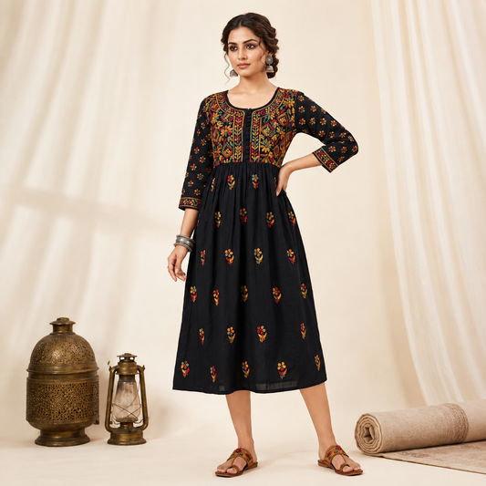 Dark Navy Blue Floral Chikan Embroidered Anarkali Cotton Kurti