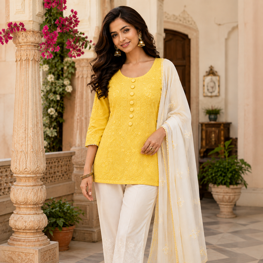 Yellow Lucknow Chikankari Hand Embroidered Chanderi Kurti