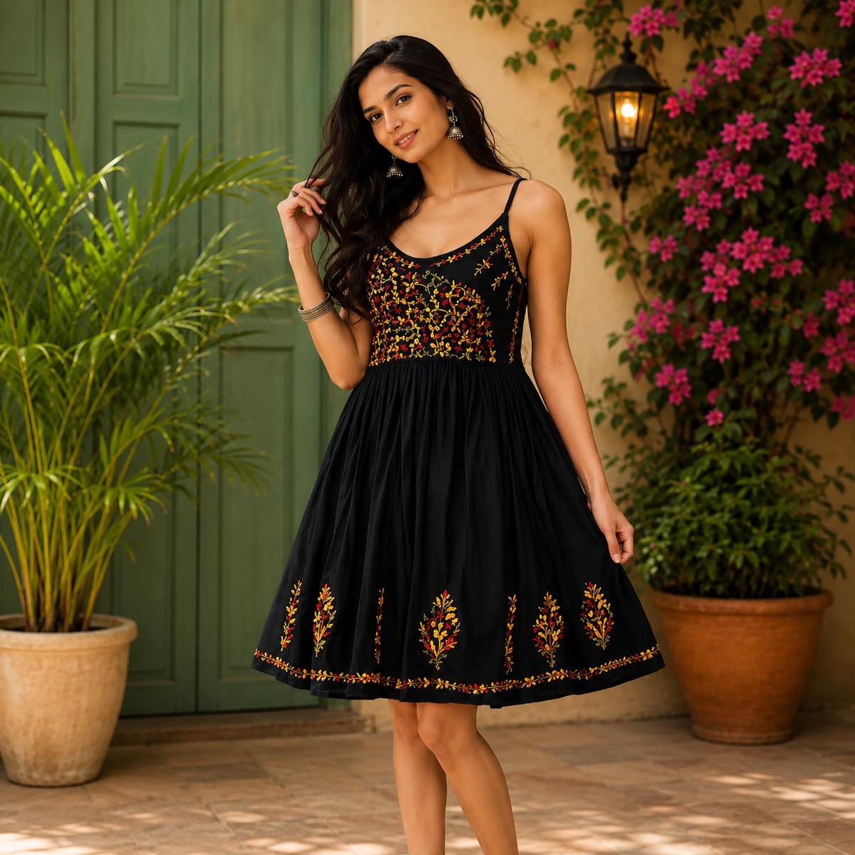 Black Embroidered Fit & Flare Sleeveless Cotton Kurti
