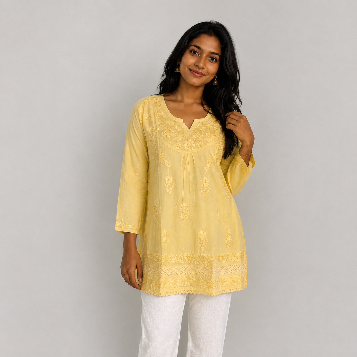Sunlit Bloom Lucknowi Chikankari Cotton Kurti