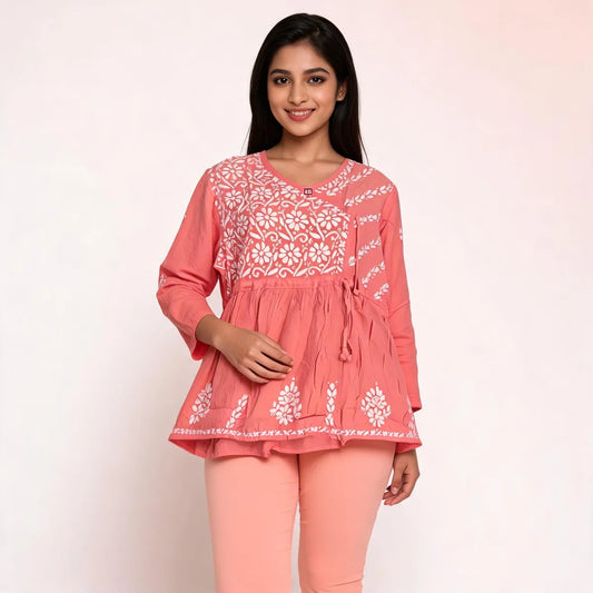 Rose Pink Handcrafted Chikankari Cotton Peplum Kurti