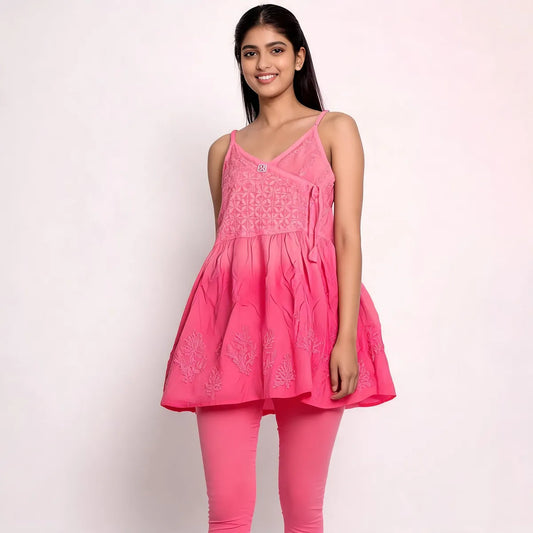 Rani Pink Cotton Sleeveless Chikankari Wrap Style Kurti