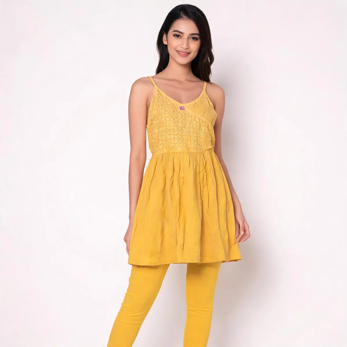 Mustard Yellow Cotton Sleeveless Chikankari Wrap Style Kurti