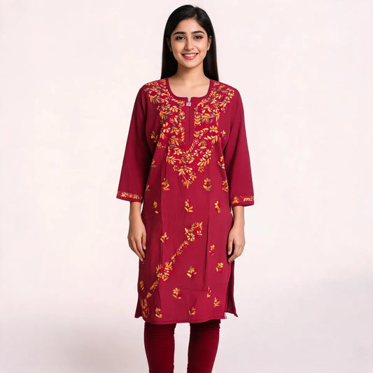Maroon Floral Embroidered Cotton Straight Kurti