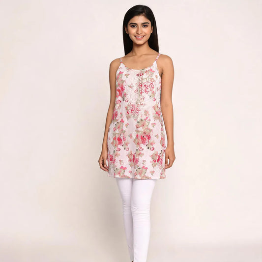 Blush Bloom Floral Chikankari Cotton Camisole Kurti