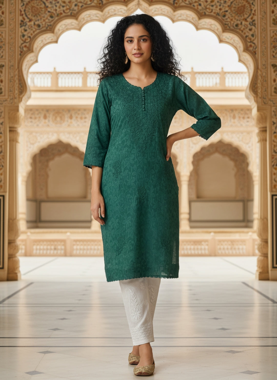 Emerald Green Printed Rayon Kurti with Subtle Embroidery
