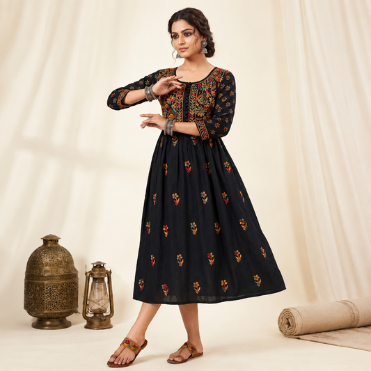 Dark Navy Blue Floral Chikan Embroidered Anarkali Cotton Kurti