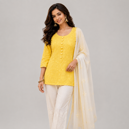 Yellow Lucknow Chikankari Hand Embroidered Chanderi Kurti