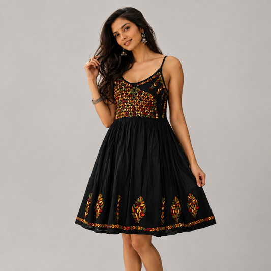 Black Embroidered Fit & Flare Sleeveless Cotton Kurti