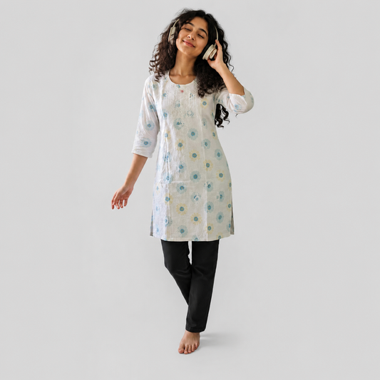Floral Chikan Kurti for Women | Cotton Blend | Machine Crafted Embroidery