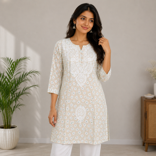 Ivory Bloom Lucknowi Chikankari Cotton Kurti