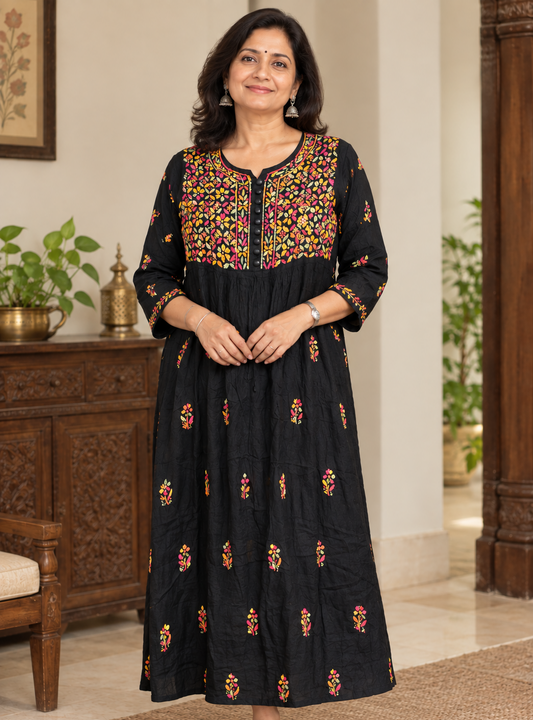Black Handcrafted Chikankari-Style Multicolor Embroidered Anarkali Kurta
