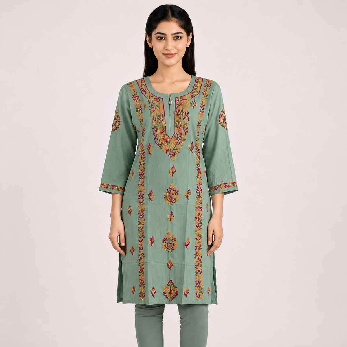 Sage Green Cotton Embroidered Straight Kurti | Multicolor Floral Thread Work