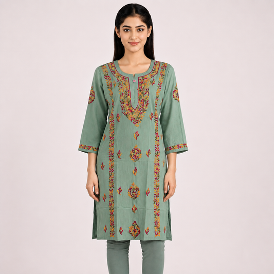 Sage Green Cotton Embroidered Straight Kurti | Multicolor Floral Thread Work