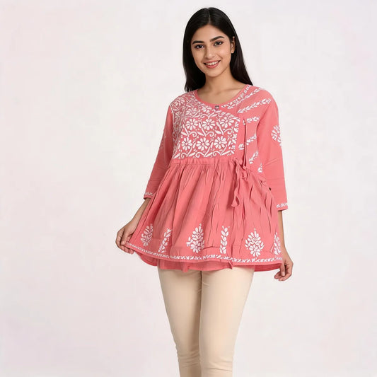 Rose Pink Handcrafted Chikankari Cotton Peplum Kurti