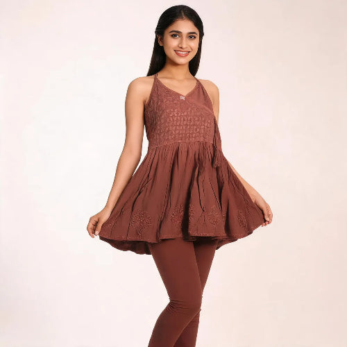Mocha Brown Chikankari Flared Cotton Kurti
