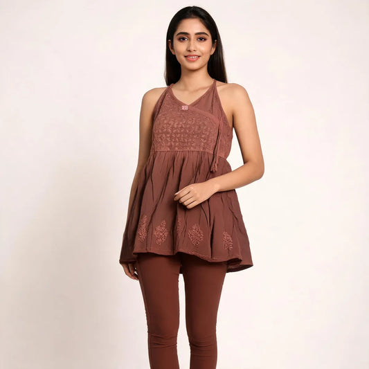 Mocha Brown Chikankari Flared Cotton Kurti