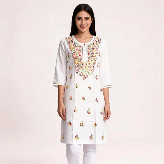White Cotton Multicolor Floral Chikan Straight Kurti
