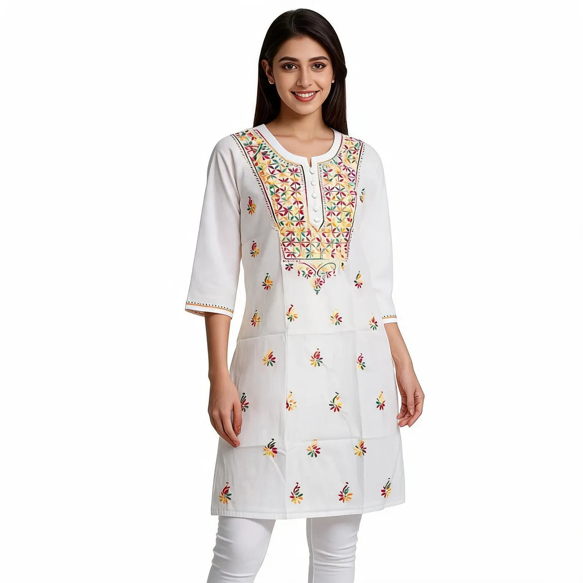 White Cotton Multicolor Floral Chikan Straight Kurti
