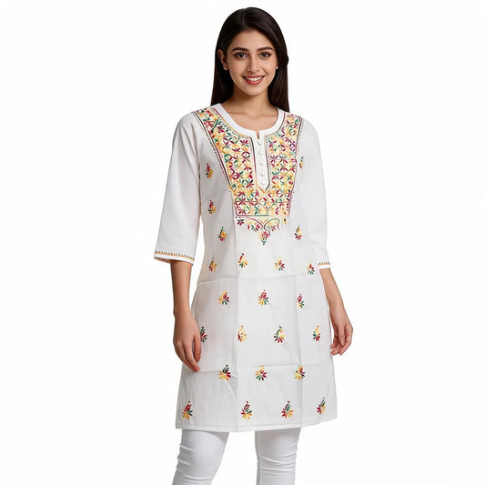 White Cotton Multicolor Floral Chikan Straight Kurti