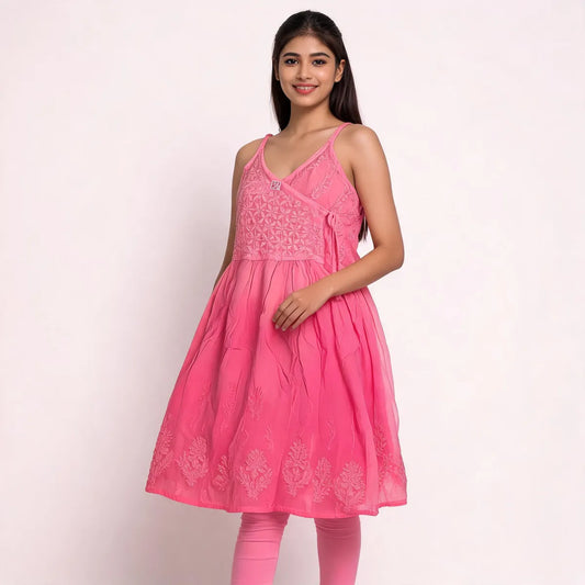 Rani Pink Cotton Sleeveless Chikankari Wrap Style Kurti