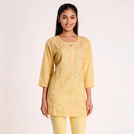 Yellow Cotton Embroidered Straight Kurti | Tone-on-Tone Yellow Thread Work
