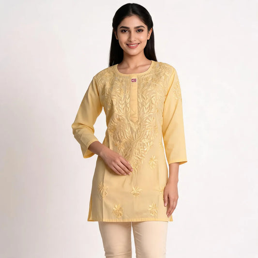 Yellow Cotton Embroidered Straight Kurti | Tone-on-Tone Yellow Thread Work