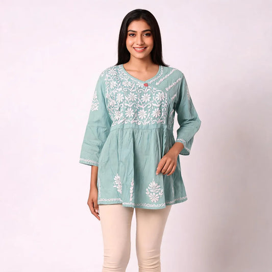 Sea Breeze Chikankari A-Line Cotton Kurti