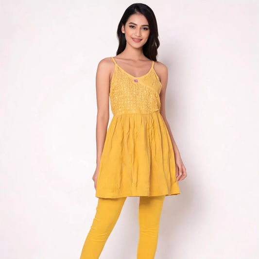 Mustard Yellow Cotton Sleeveless Chikankari Wrap Style Kurti