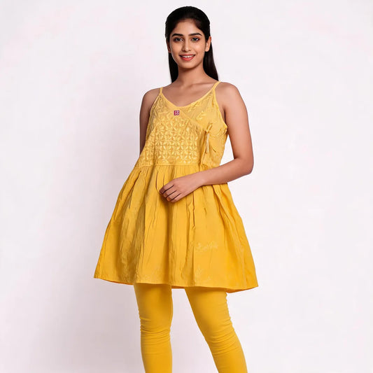 Mustard Yellow Cotton Sleeveless Chikankari Wrap Style Kurti