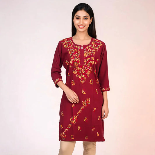 Maroon Floral Embroidered Cotton Straight Kurti