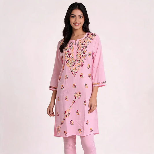 Blush Pink Floral Embroidered Cotton Straight Kurti