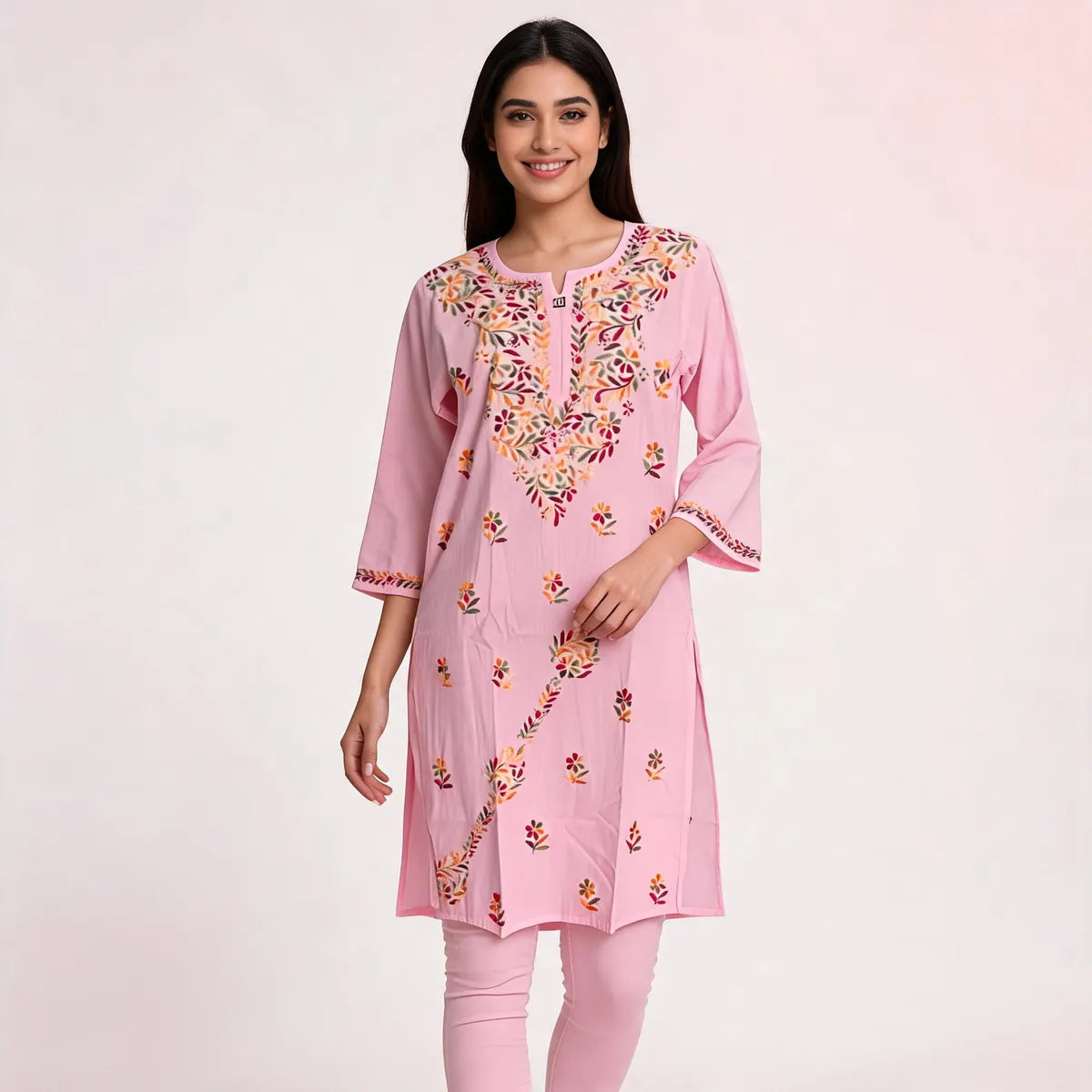 Blush Pink Floral Embroidered Cotton Straight Kurti