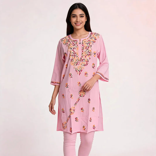 Blush Pink Floral Embroidered Cotton Straight Kurti