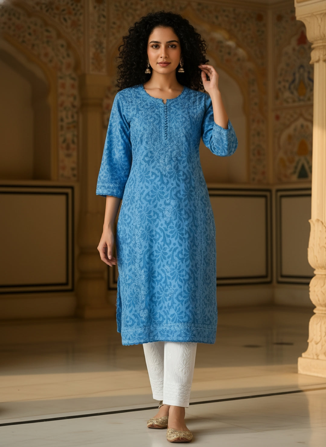 Blue Embroidered Straight Rayon Lucknowi Chikan Kurti