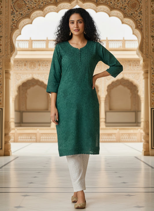 Emerald Green Printed Rayon Kurti with Subtle Embroidery