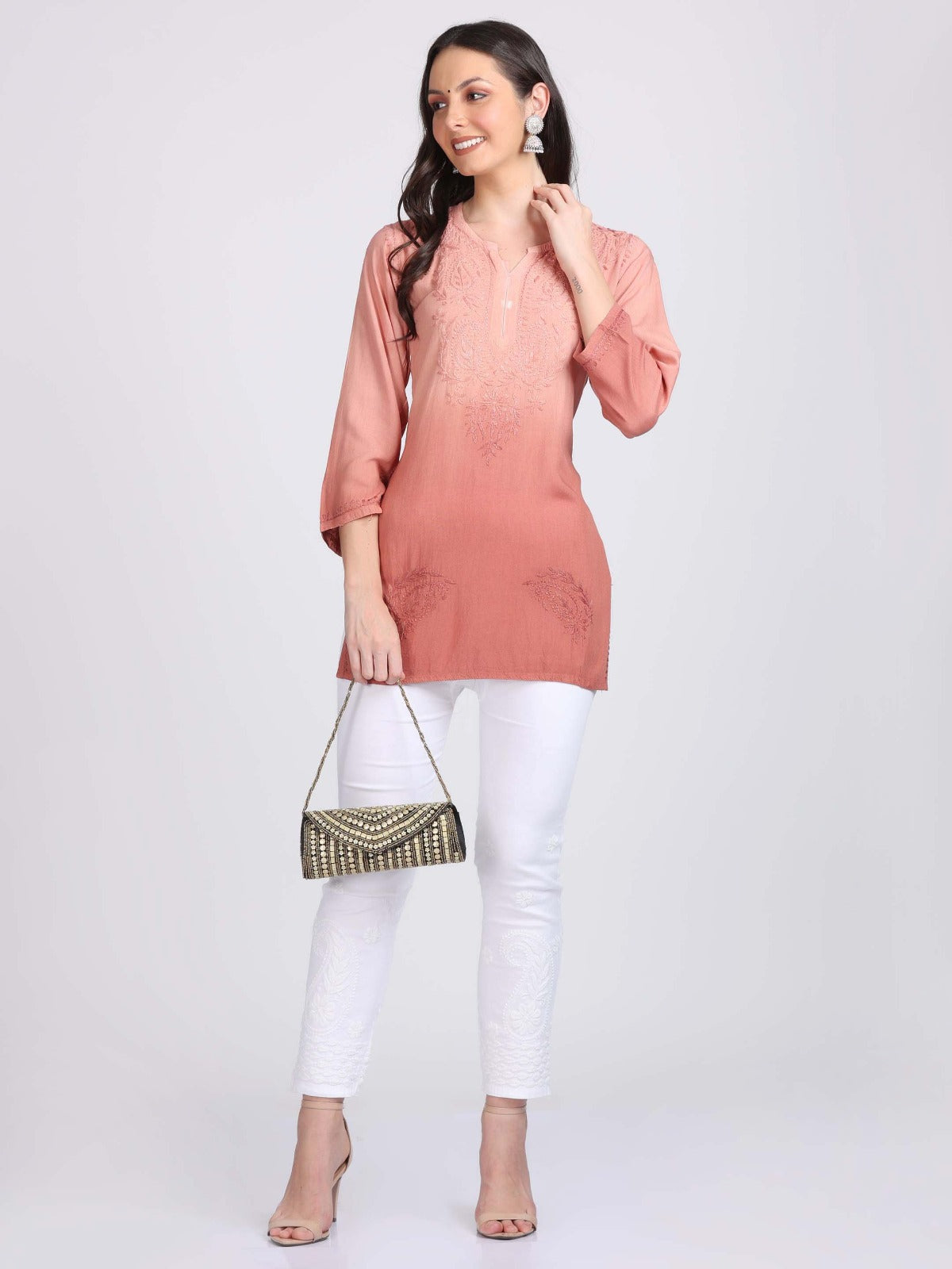 Peach Chikankari Embroidered Straight Kurti