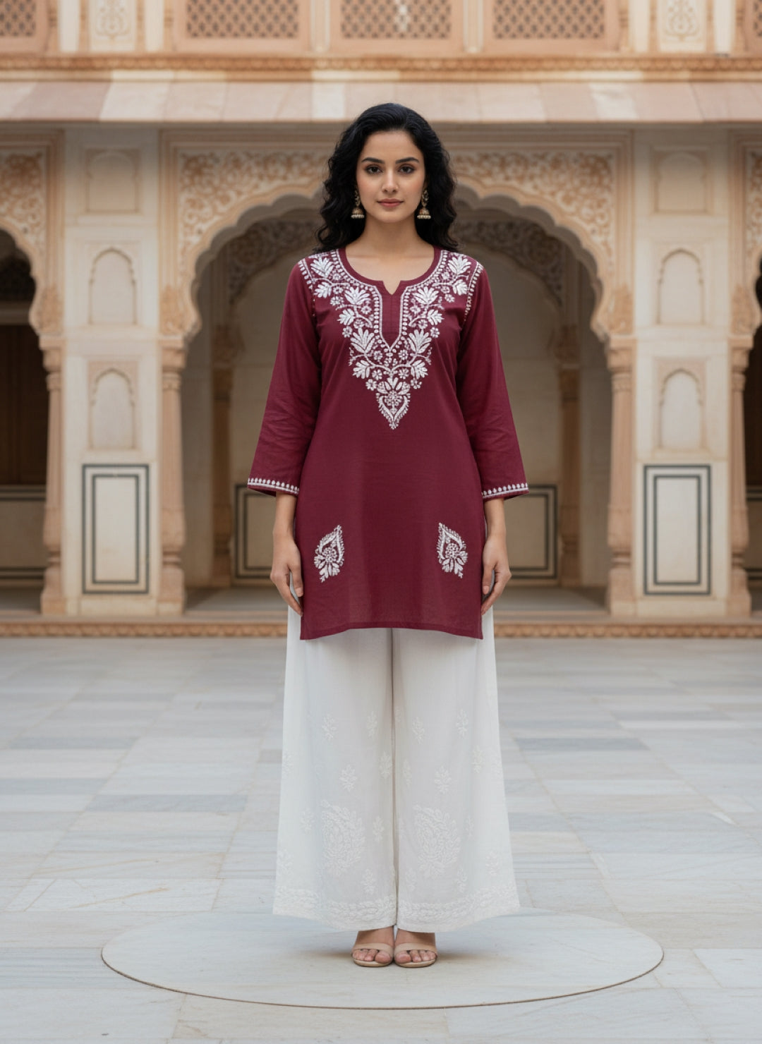 Maroon Lucknowi Chikankari Embroidered Kurti