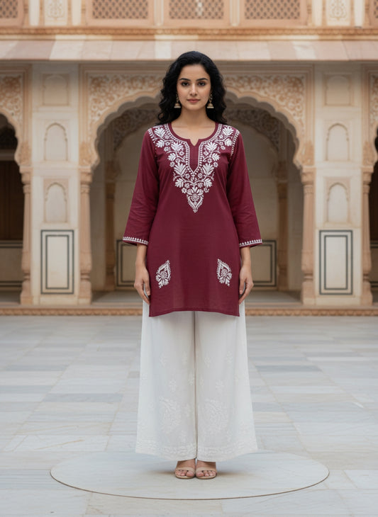 Maroon Lucknowi Chikankari Embroidered Kurti